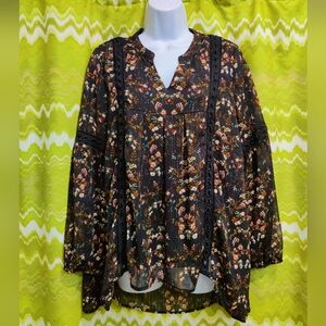 Black Floral Boho Top With Metallic Details